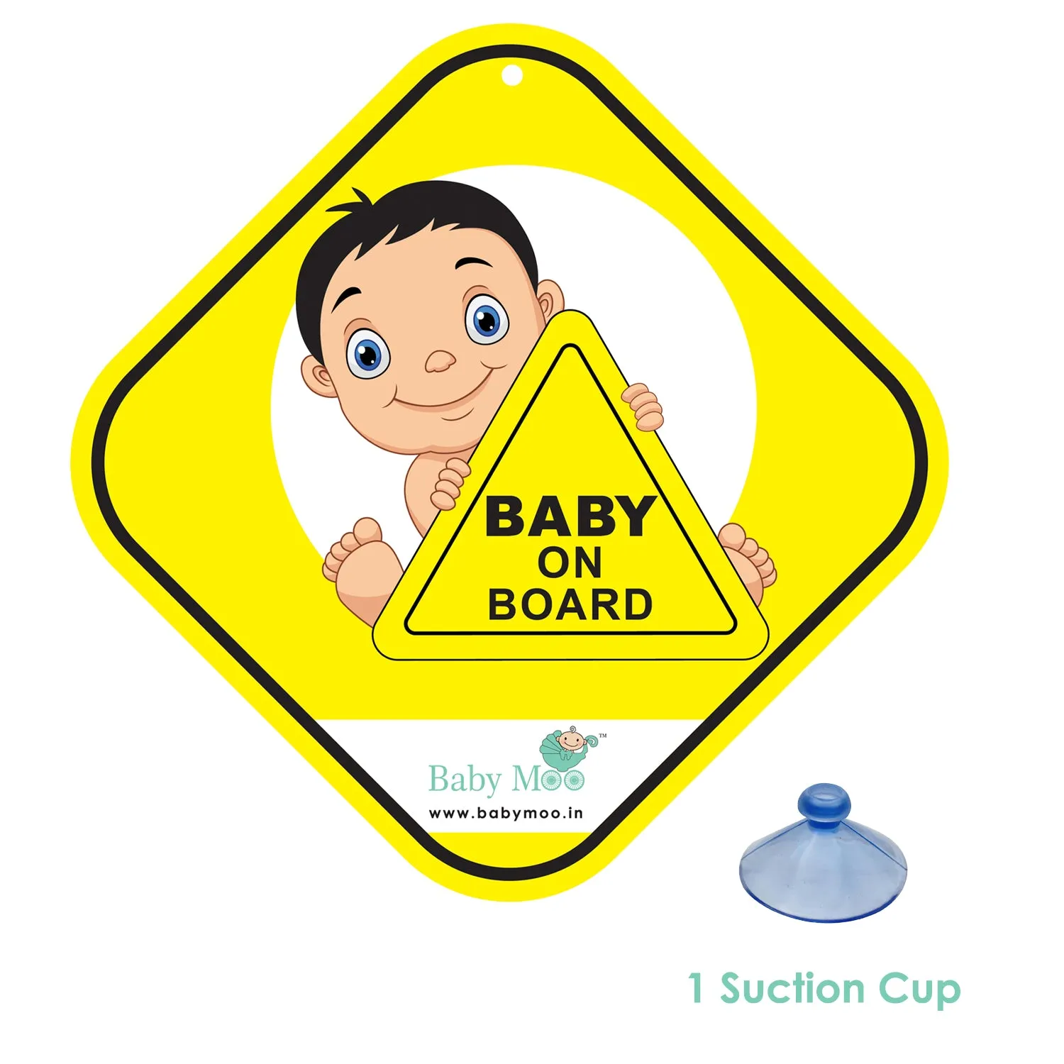 Baby Moo Kids On Board Car Safety Sign With Vacuum Suction Cup Clip - Yellow