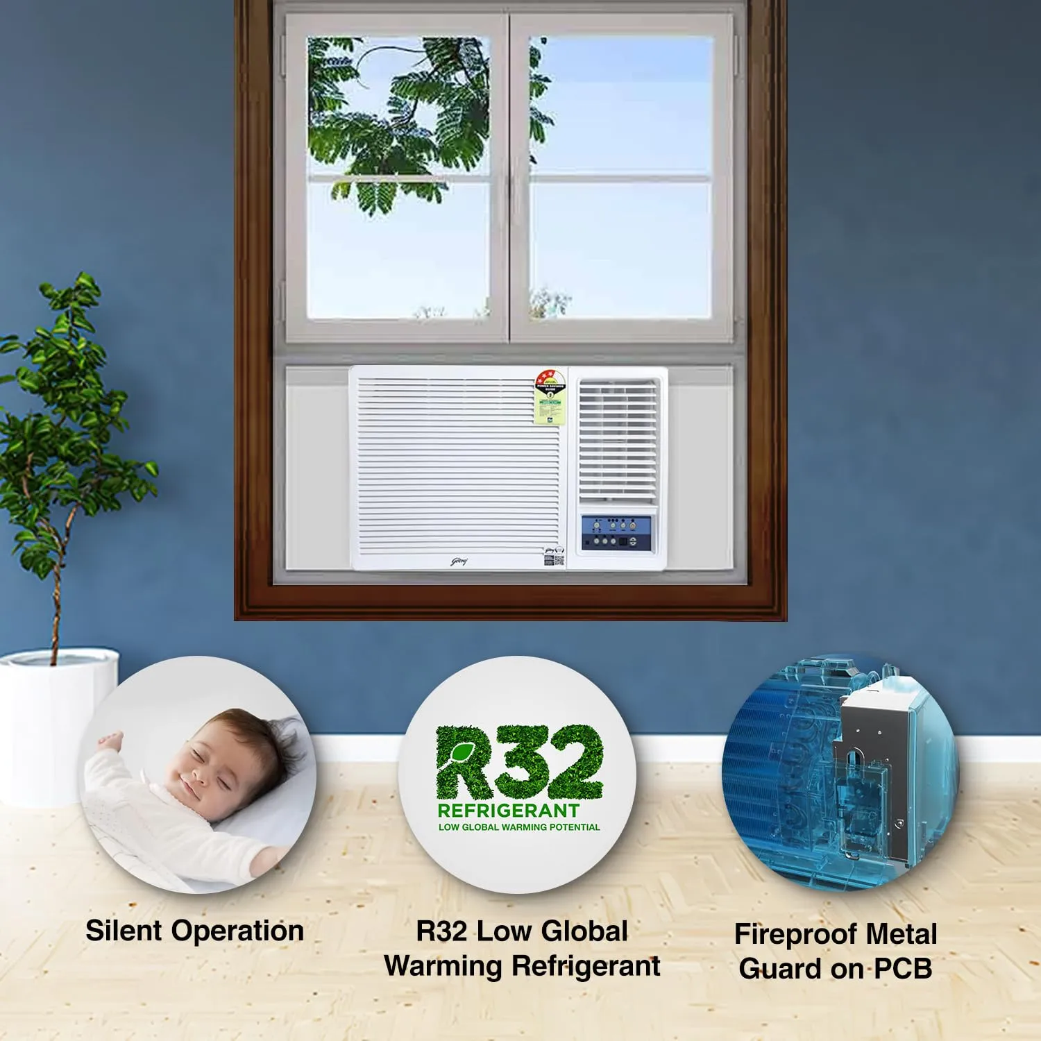 Godrej WFC 18UTC3 1.5 Ton 3 Star Window AC – Copper Condenser, R32 Green Gas, Anti-Corrosive Blue Fin
