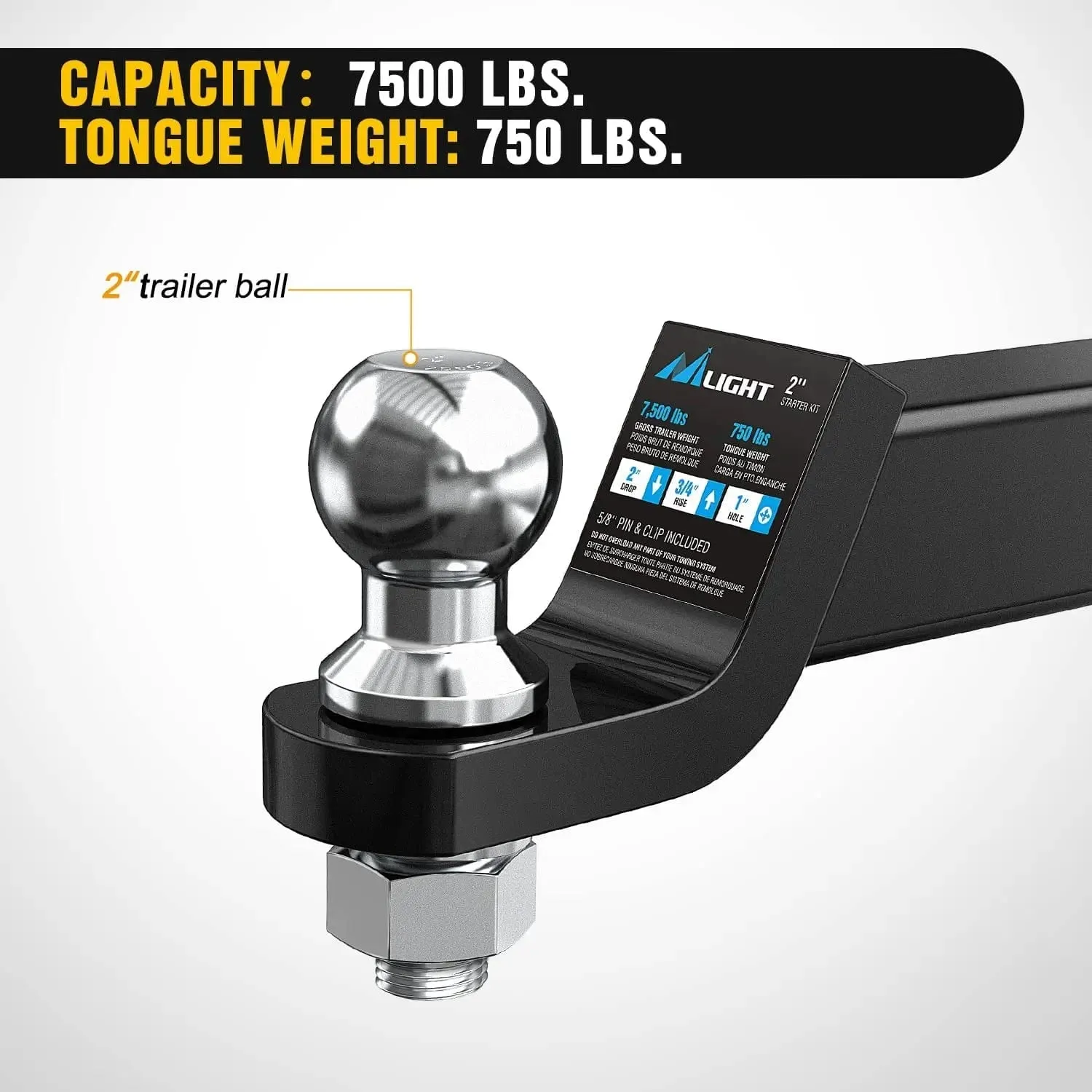Hitch Ball Mount w/ 2 Inch Ball Mount | 5/8 Inch Hitch Pin Clip