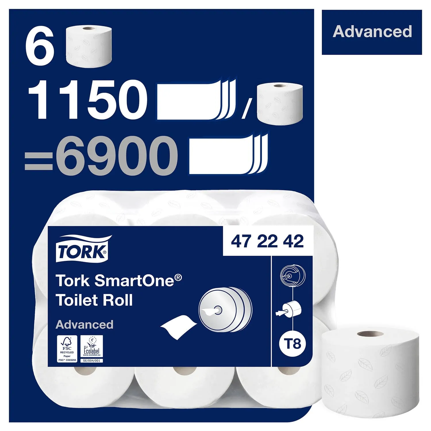 Tork SmartOne Toilet Roll Advanced 2Ply - 472242 -  Case of 6 x 1150 Sheets
